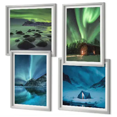 Set de cuadros modernos para salón paisajes de montañas con auroras boreales