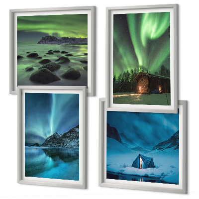 Set de cuadros modernos para salón Paisajes invernales, montañas con auroras boreales