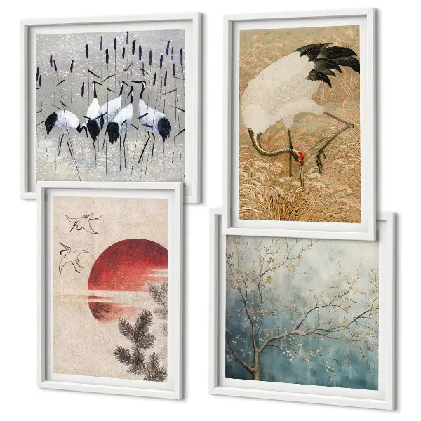 Set de 4 cuadros de paisaje de grullas japonesas decoración para salón