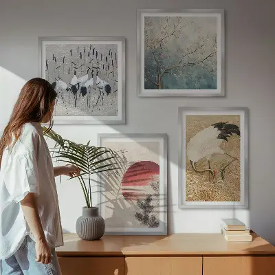Set de 4 cuadros de paisaje de grullas japonesas decoración para salón