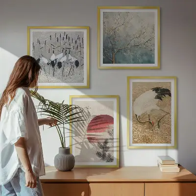 Set de 4 cuadros de paisaje de grullas japonesas decoración para salón