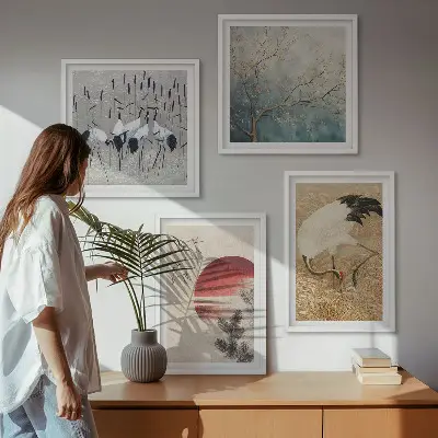 Set de 4 cuadros de paisaje de grullas japonesas decoración para salón