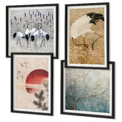 Set de 4 cuadros de paisaje de grullas japonesas decoración para salón