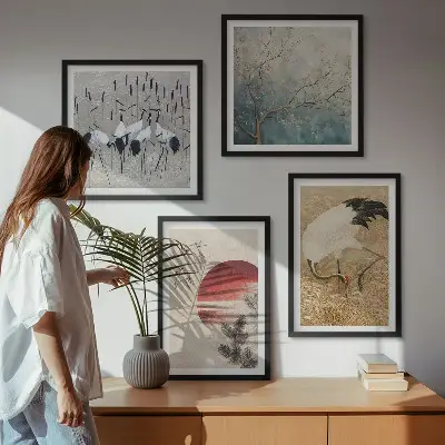 Set de 4 cuadros de paisaje de grullas japonesas decoración para salón