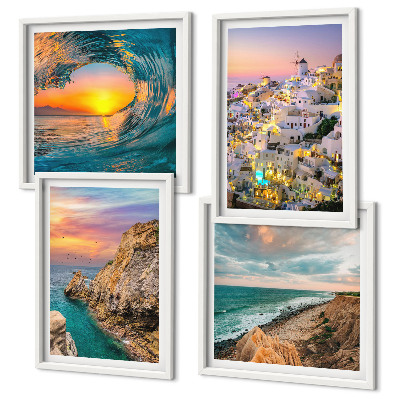 Set de cuadros modernos para salón Olas del mar, casas blancas, Santorini