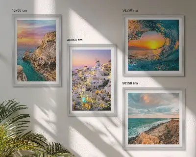 Set de cuadros modernos para salón con diseño de olas del mar y casas blancas de Santorini
