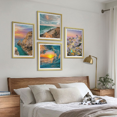 Set de cuadros modernos para salón Olas del mar, casas blancas, Santorini