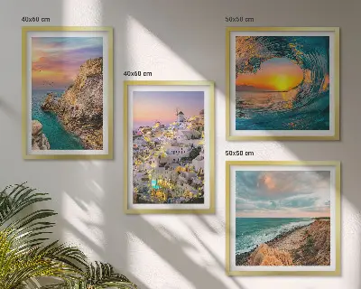 Set de cuadros modernos para salón con diseño de olas del mar y casas blancas de Santorini