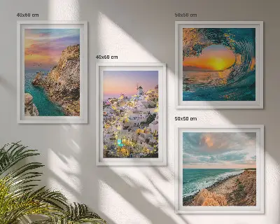 Set de cuadros modernos para salón con diseño de olas del mar y casas blancas de Santorini