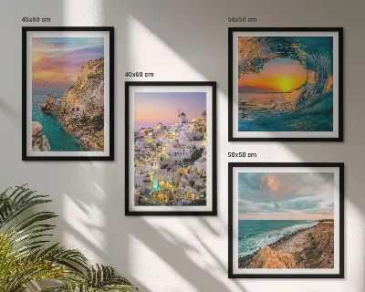 Set de cuadros modernos para salón con diseño de olas del mar y casas blancas de Santorini