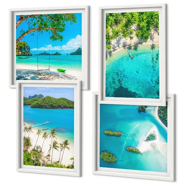 Set de 4 cuadros para salón con diseño de playas, palmeras y agua cristalina