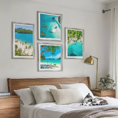 Set de 4 cuadros para salón con diseño de playas, palmeras y agua cristalina