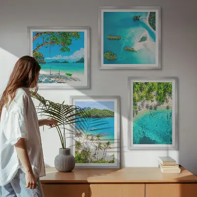 Set de 4 cuadros para salón con diseño de playas, palmeras y agua cristalina