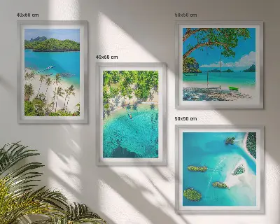 Set de 4 cuadros para salón con diseño de playas, palmeras y agua cristalina