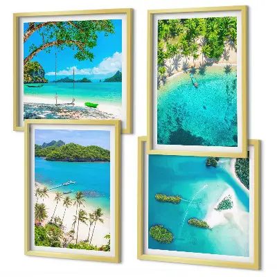 Set de 4 cuadros para salón con diseño de playas, palmeras y agua cristalina