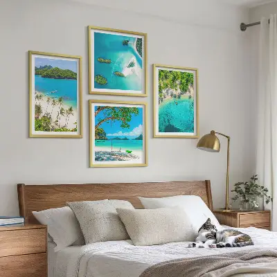 Set de 4 cuadros para salón con diseño de playas, palmeras y agua cristalina
