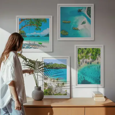 Set de 4 cuadros para salón con diseño de playas, palmeras y agua cristalina