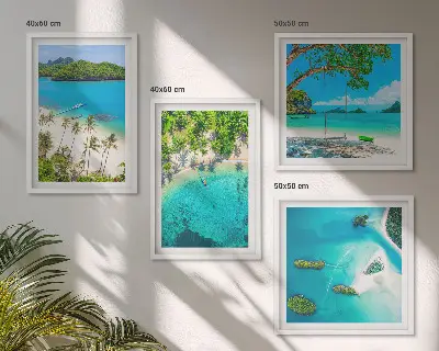 Set de 4 cuadros para salón con diseño de playas, palmeras y agua cristalina