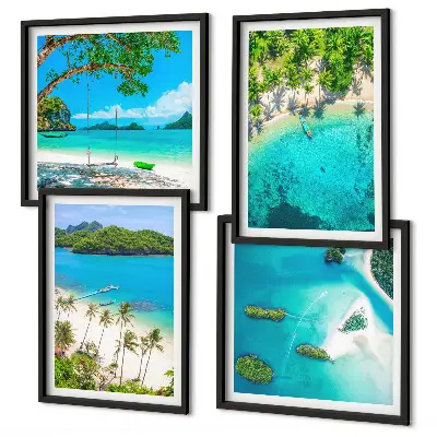 Set de 4 cuadros para salón con diseño de playas, palmeras y agua cristalina