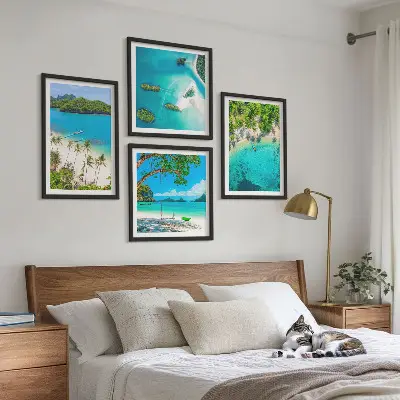 Set de 4 cuadros para salón con diseño de playas, palmeras y agua cristalina