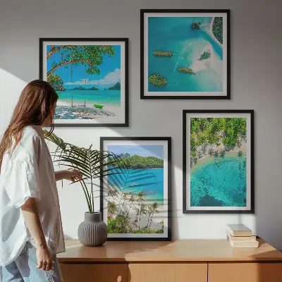 Set de 4 cuadros para salón con diseño de playas, palmeras y agua cristalina