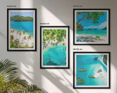 Set de 4 cuadros para salón con diseño de playas, palmeras y agua cristalina