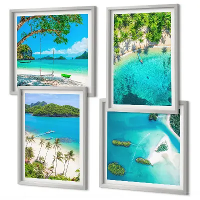Set de 4 cuadros para salón con diseño de playas, palmeras y agua cristalina