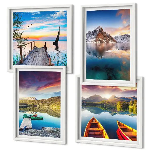 Set de cuadros modernos para salón con paisajes de lagos montañas y barcos