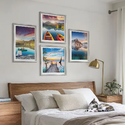 Set de cuadros modernos para salón con paisajes de lagos montañas y barcos