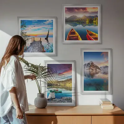 Set de cuadros modernos para salón con paisajes de lagos montañas y barcos