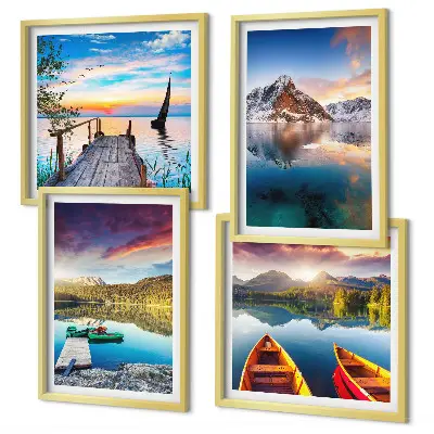 Set de cuadros modernos para salón con paisajes de lagos montañas y barcos