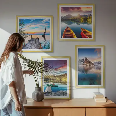 Set de cuadros modernos para salón con paisajes de lagos montañas y barcos