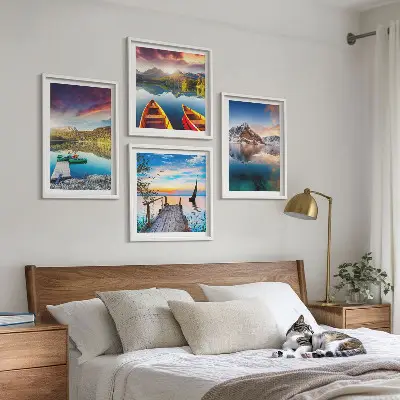 Set de cuadros modernos para salón con paisajes de lagos montañas y barcos