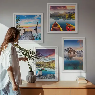 Set de cuadros modernos para salón con paisajes de lagos montañas y barcos