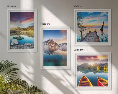 Set de cuadros modernos para salón con paisajes de lagos montañas y barcos