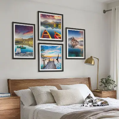 Set de cuadros modernos para salón con paisajes de lagos montañas y barcos