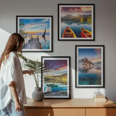Set de cuadros modernos para salón con paisajes de lagos montañas y barcos
