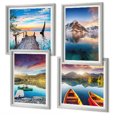 Set de cuadros modernos para salón con paisajes de lagos montañas y barcos