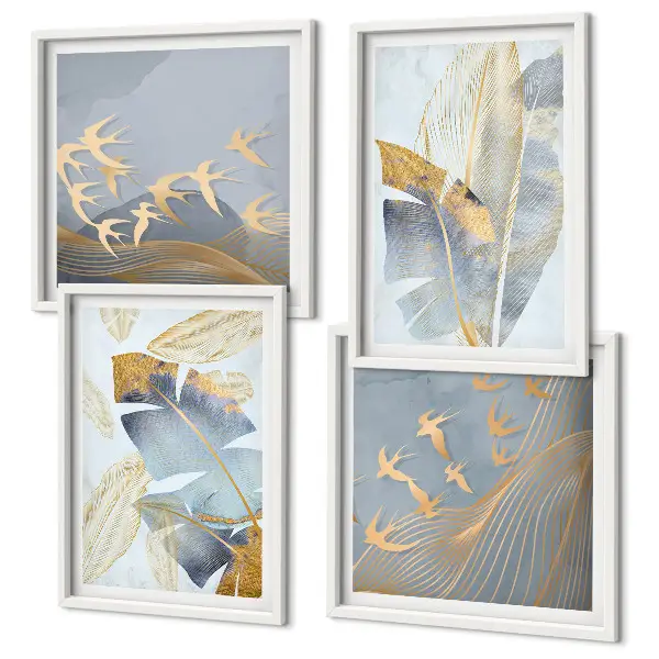 Set de 4 cuadros decorativos para salón con diseño de hojas en tonos azul y beige
