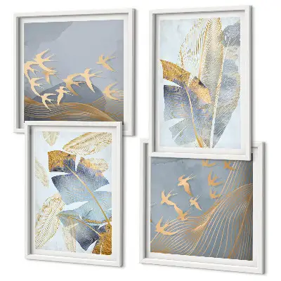 Set de 4 cuadros decorativos para salón con diseño de hojas en tonos azul y beige