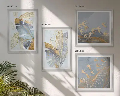 Set de 4 cuadros decorativos para salón con diseño de hojas en tonos azul y beige