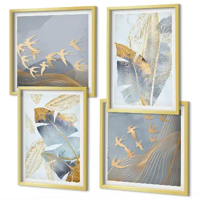 Set de 4 cuadros decorativos para salón con diseño de hojas en tonos azul y beige