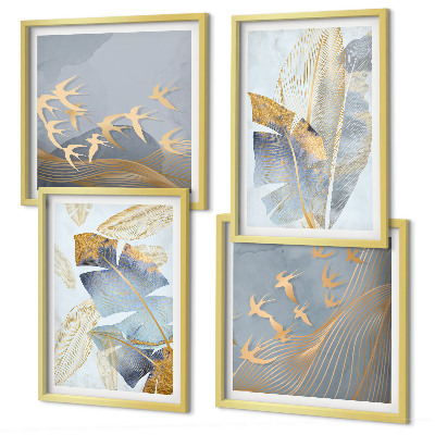 Set de 4 cuadros para salón Hojas de color azul beige en el fondo.