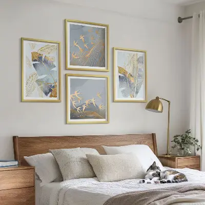 Set de 4 cuadros decorativos para salón con diseño de hojas en tonos azul y beige
