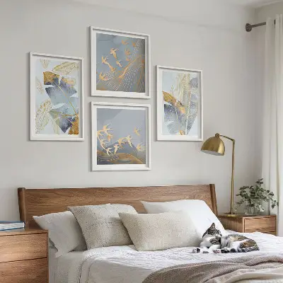 Set de 4 cuadros decorativos para salón con diseño de hojas en tonos azul y beige