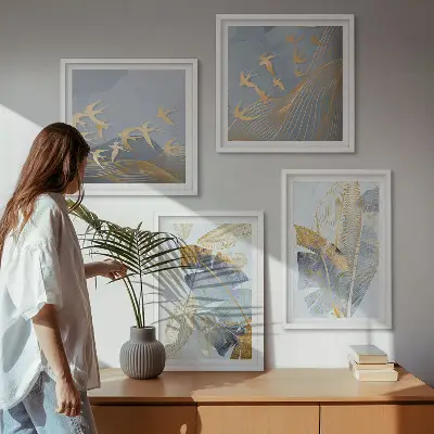 Set de 4 cuadros decorativos para salón con diseño de hojas en tonos azul y beige