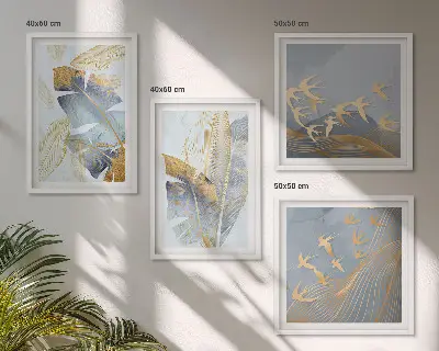 Set de 4 cuadros decorativos para salón con diseño de hojas en tonos azul y beige