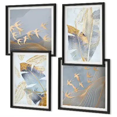 Set de 4 cuadros decorativos para salón con diseño de hojas en tonos azul y beige