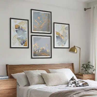 Set de 4 cuadros decorativos para salón con diseño de hojas en tonos azul y beige