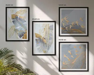 Set de 4 cuadros decorativos para salón con diseño de hojas en tonos azul y beige